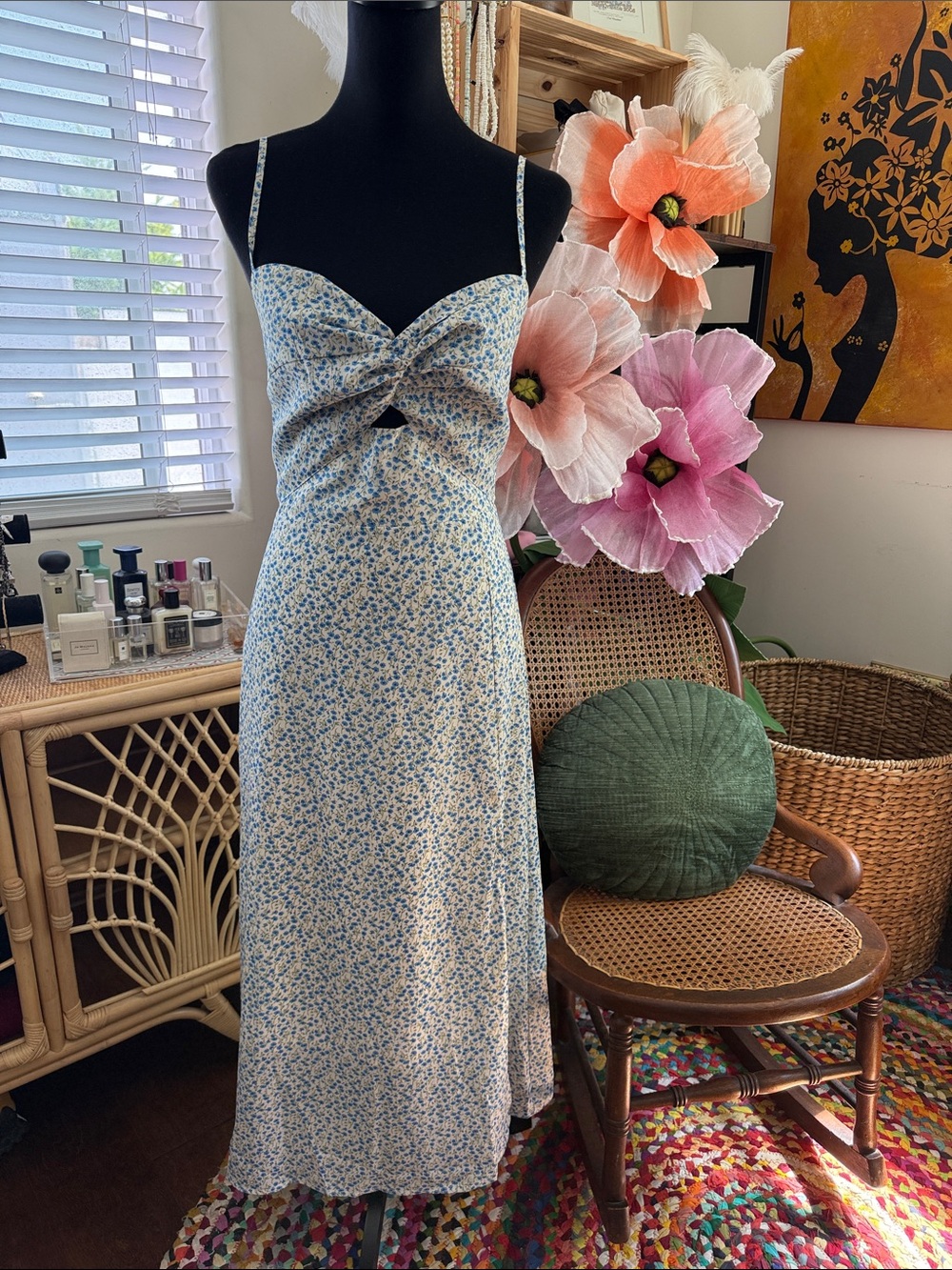 On You Blue White Floral Montauk Hamptons Garden Cottage Brunch Boho Midi Dress